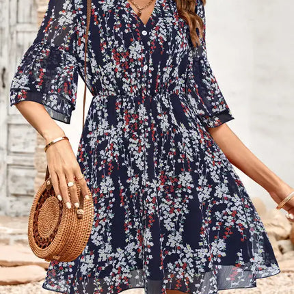 Women's Floral Print Short Sleeve Ruffle Trim Minidress