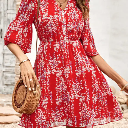 Women's Floral Print Short Sleeve Ruffle Trim Minidress