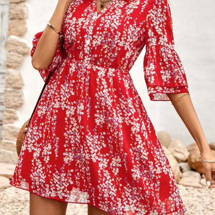 Women's Floral Print Short Sleeve Ruffle Trim Minidress