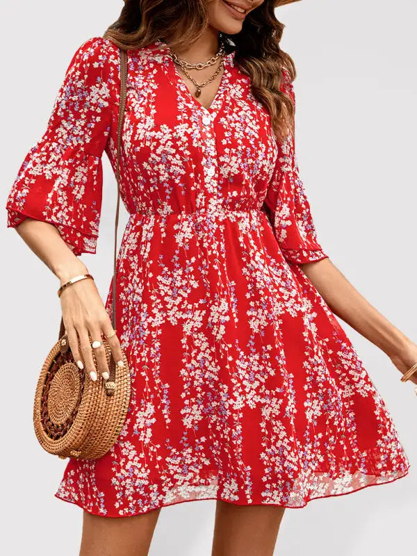 Women's Floral Print Short Sleeve Ruffle Trim Minidress