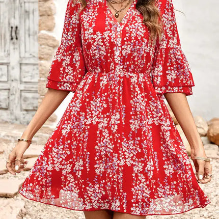Women's Floral Print Short Sleeve Ruffle Trim Minidress