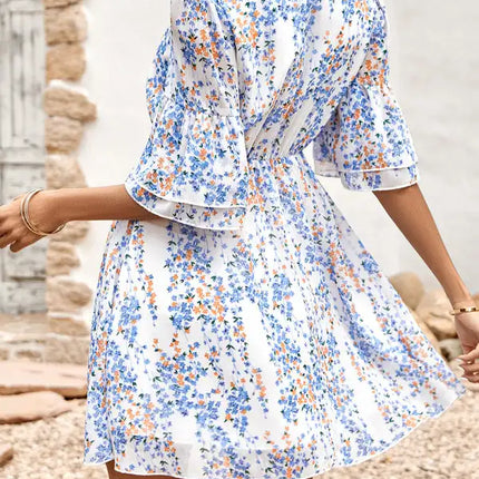 Women's Floral Print Short Sleeve Ruffle Trim Minidress