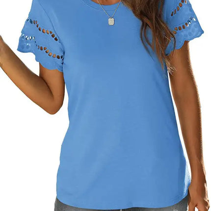 Top de punto con manga de encaje de color liso para mujer 