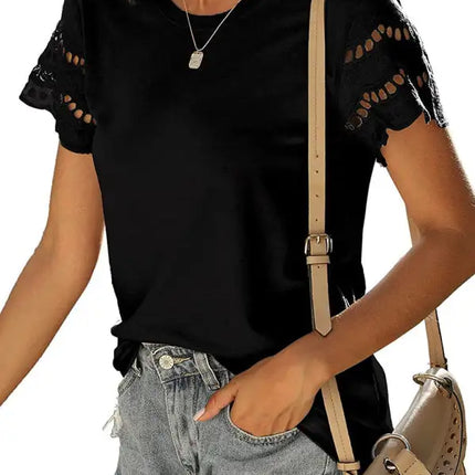 Top de punto con manga de encaje de color liso para mujer 