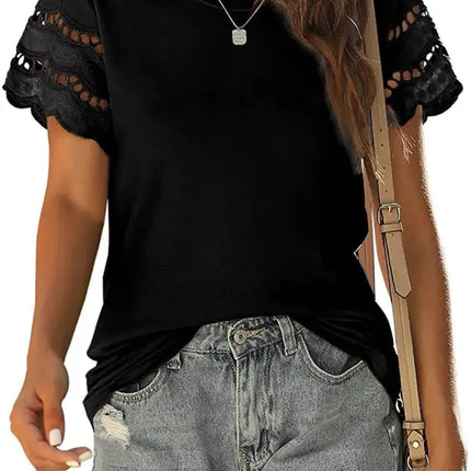 Top de punto con manga de encaje de color liso para mujer 