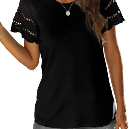 Top de punto con manga de encaje de color liso para mujer 