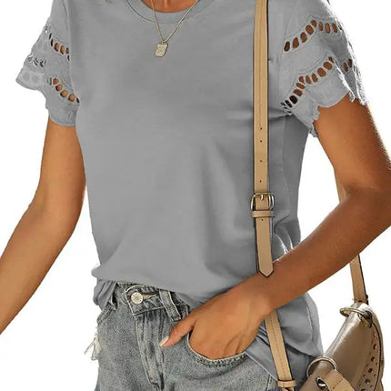 Top de punto con manga de encaje de color liso para mujer 