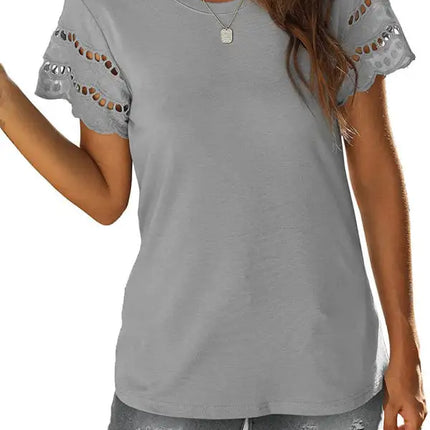 Top de punto con manga de encaje de color liso para mujer 