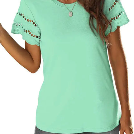 Top de punto con manga de encaje de color liso para mujer 