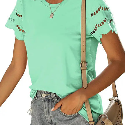 Top de punto con manga de encaje de color liso para mujer 