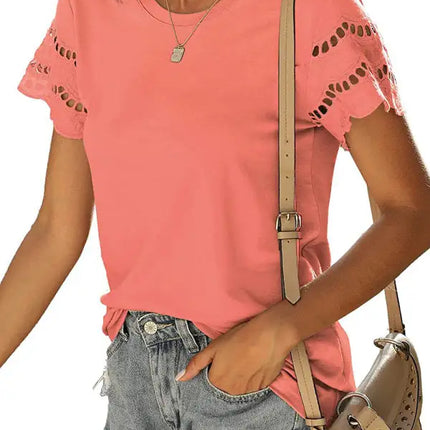 Top de punto con manga de encaje de color liso para mujer 