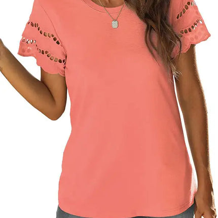 Top de punto con manga de encaje de color liso para mujer 