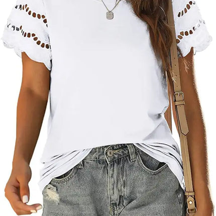 Top de punto con manga de encaje de color liso para mujer 