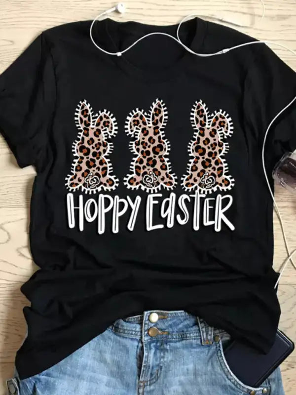 Camiseta con estampado de conejito y leopardo para mujer Camisetas gráficas de manga corta de Pascua 