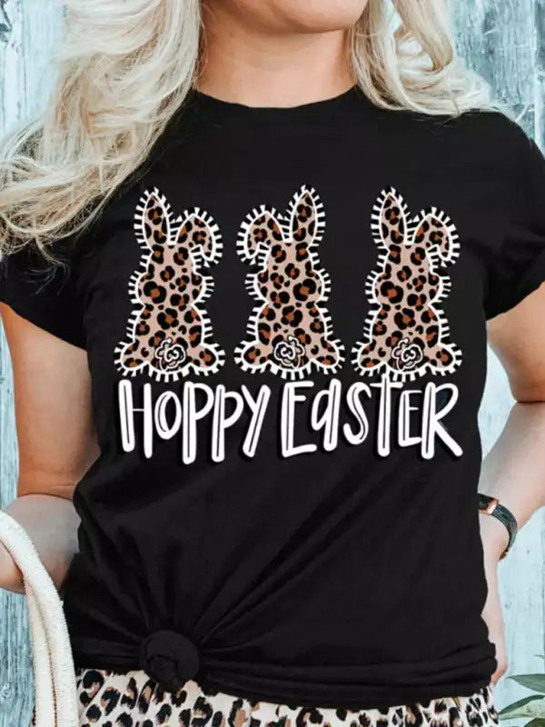 Camiseta con estampado de conejito y leopardo para mujer Camisetas gráficas de manga corta de Pascua 