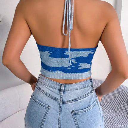 Women’s Pattern Halter Neckline Adjustable Tie Closures Crop Top