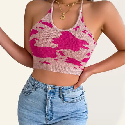 Women’s Pattern Halter Neckline Adjustable Tie Closures Crop Top