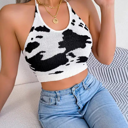 Women’s Pattern Halter Neckline Adjustable Tie Closures Crop Top