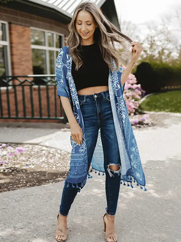 Pareo con pompones y estampado bohemio para mujer 