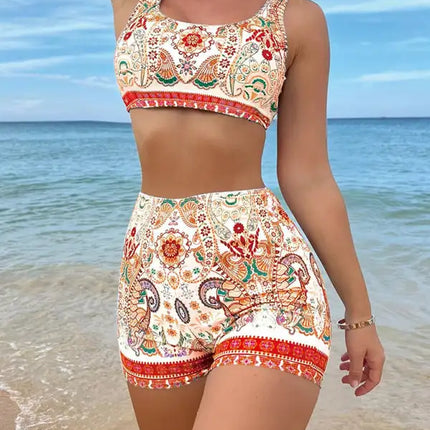 Top corto de bikini de dos piezas estampado para mujer con conjunto de natación con parte inferior de cintura alta 