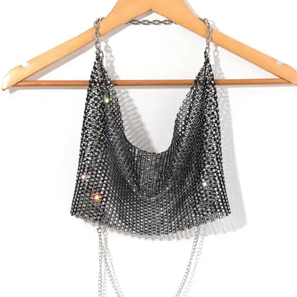 Nightclub sexy metal camisole backless flashing diamond hot girl showing navel Vest