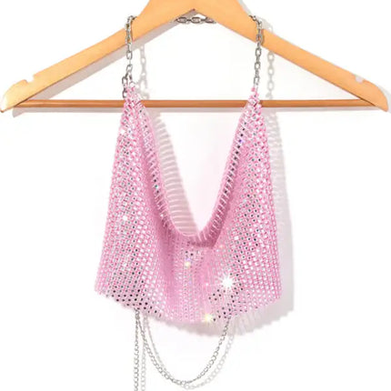 Nightclub sexy metal camisole backless flashing diamond hot girl showing navel Vest