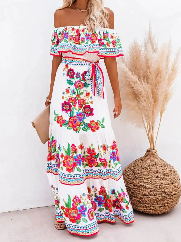 Vestido largo con hombros descubiertos y flores bordadas para mujer 