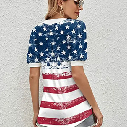Camiseta de manga abullonada con estampado de bandera americana para mujer 