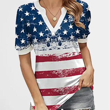 Camiseta de manga abullonada con estampado de bandera americana para mujer 