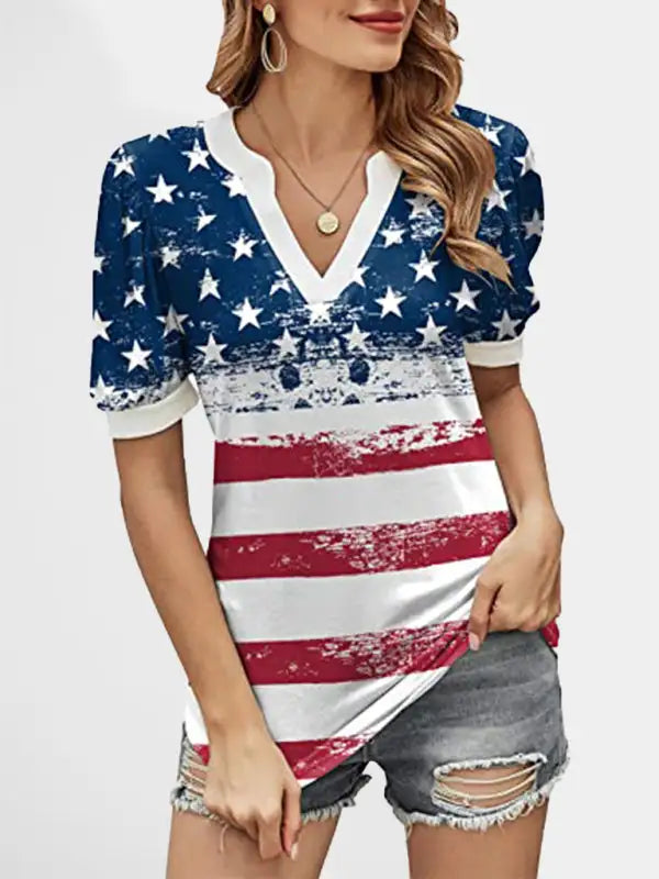 Camiseta de manga abullonada con estampado de bandera americana para mujer 