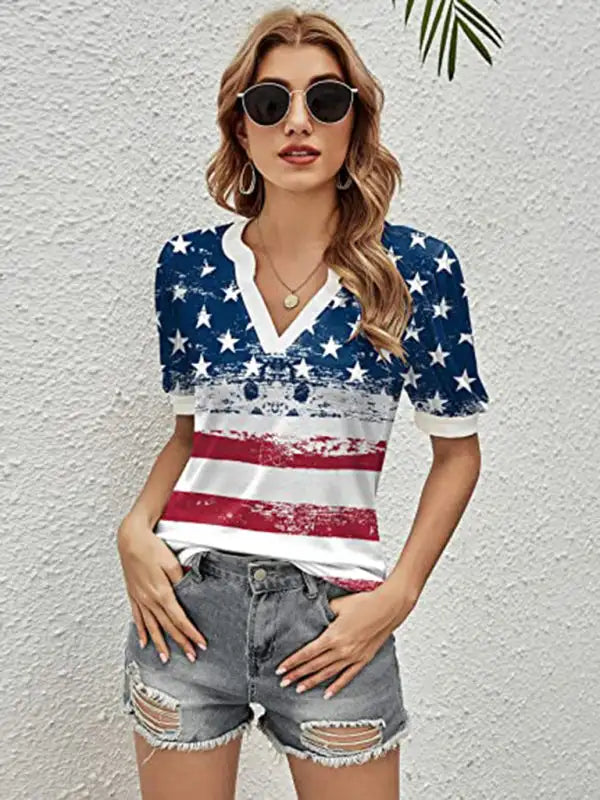 Camiseta de manga abullonada con estampado de bandera americana para mujer 