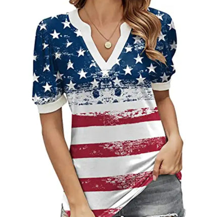 Camiseta de manga abullonada con estampado de bandera americana para mujer 