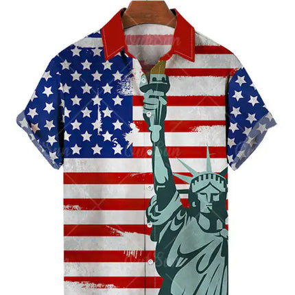 Men's American Flag With Graphic Print Of The Statue Of Liberty Short Sleeve Shirt
