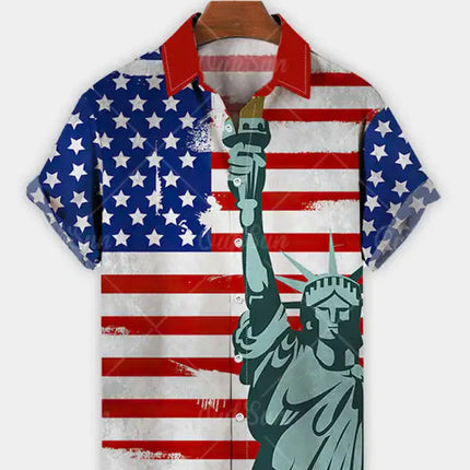 Men's American Flag With Graphic Print Of The Statue Of Liberty Short Sleeve Shirt