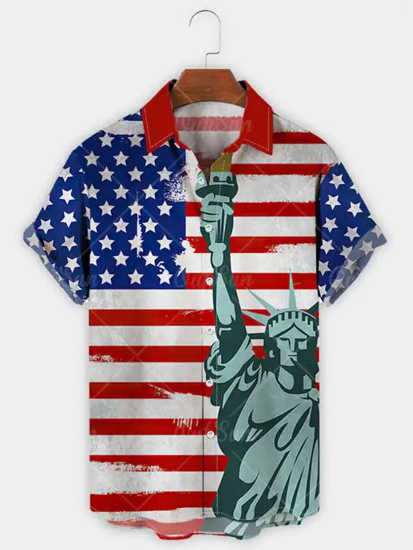 Men's American Flag With Graphic Print Of The Statue Of Liberty Short Sleeve Shirt