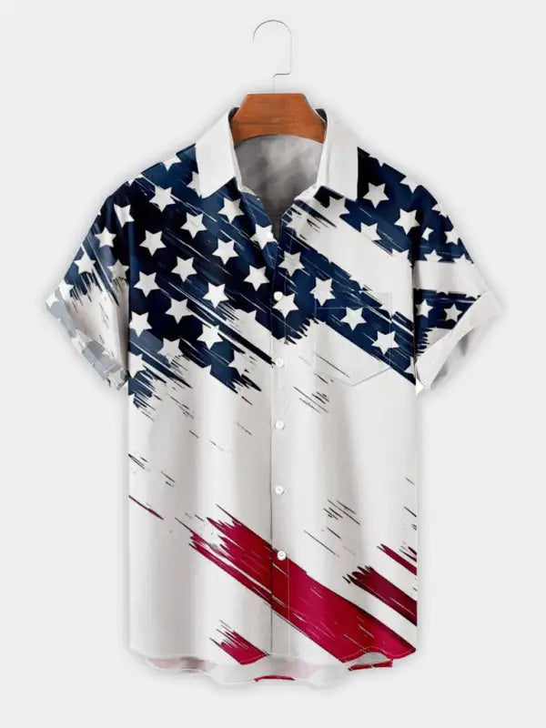Men's American Flag Print Short Sleeve Button-Up Shirt