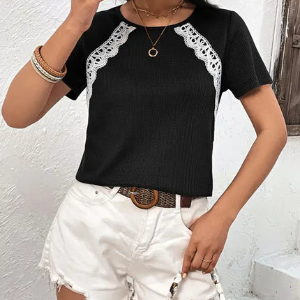 Camiseta Waffle Nueva camiseta informal con cuello redondo Tops 