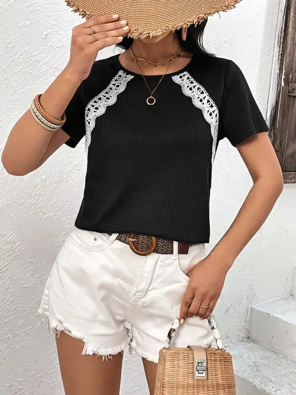 Camiseta Waffle Nueva camiseta informal con cuello redondo Tops 