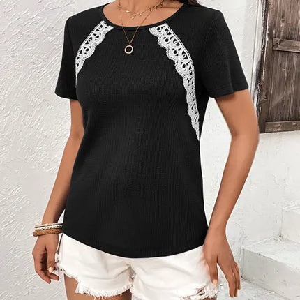 Camiseta Waffle Nueva camiseta informal con cuello redondo Tops 