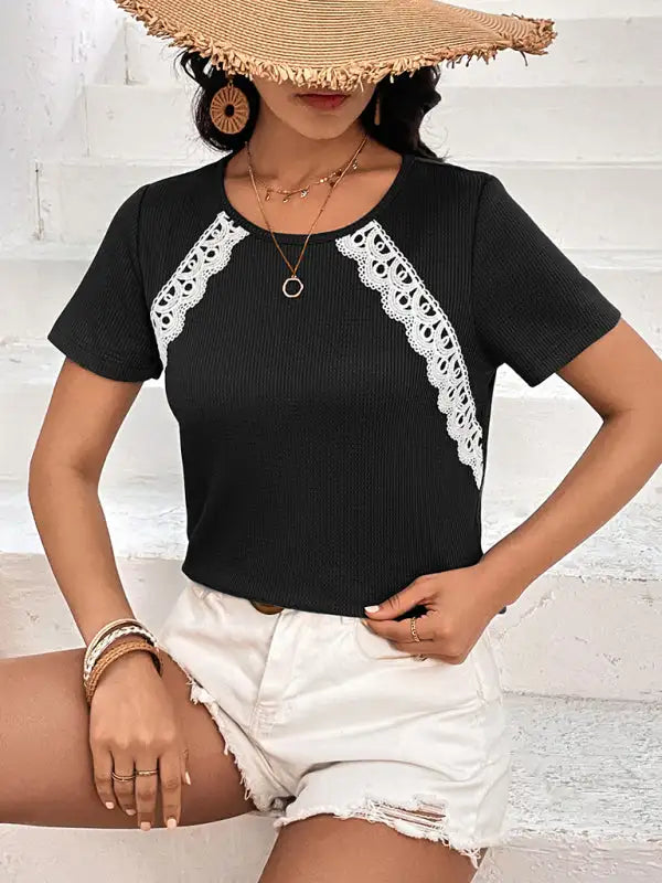 Camiseta Waffle Nueva camiseta informal con cuello redondo Tops 