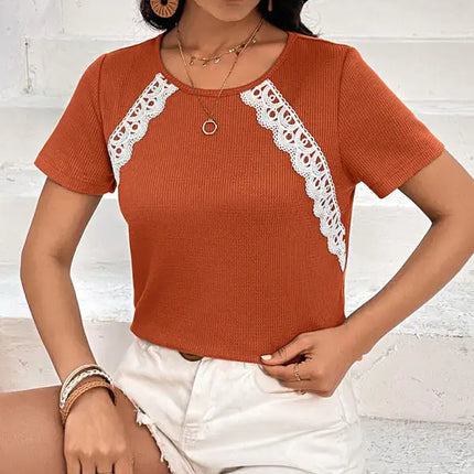 Camiseta Waffle Nueva camiseta informal con cuello redondo Tops 