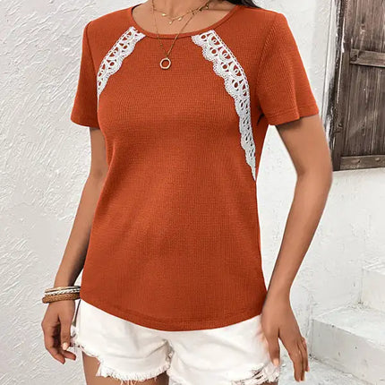 Camiseta Waffle Nueva camiseta informal con cuello redondo Tops 