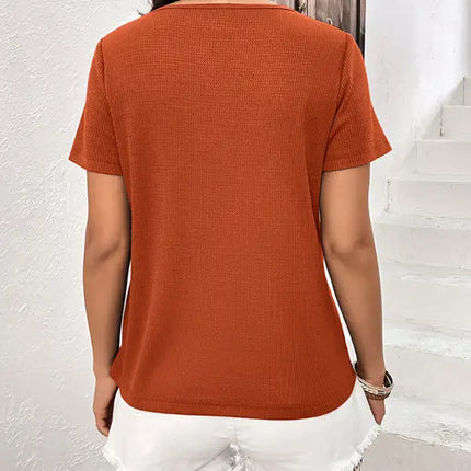 Camiseta Waffle Nueva camiseta informal con cuello redondo Tops 