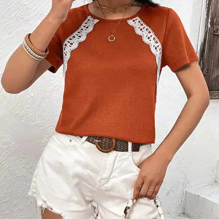 Camiseta Waffle Nueva camiseta informal con cuello redondo Tops 