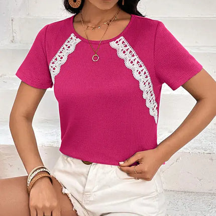 Camiseta Waffle Nueva camiseta informal con cuello redondo Tops 