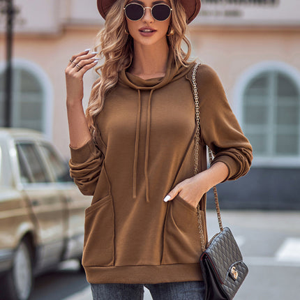 High collar drawstring patchwork loose sweatshirt