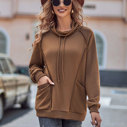 High collar drawstring patchwork loose sweatshirt