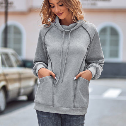 High collar drawstring patchwork loose sweatshirt