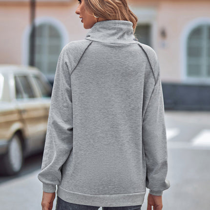 High collar drawstring patchwork loose sweatshirt