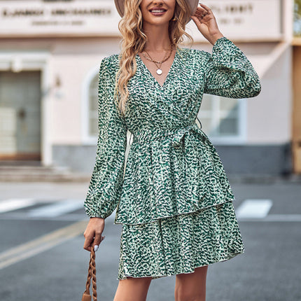 Printed V-neck tie waist long-sleeved dress
